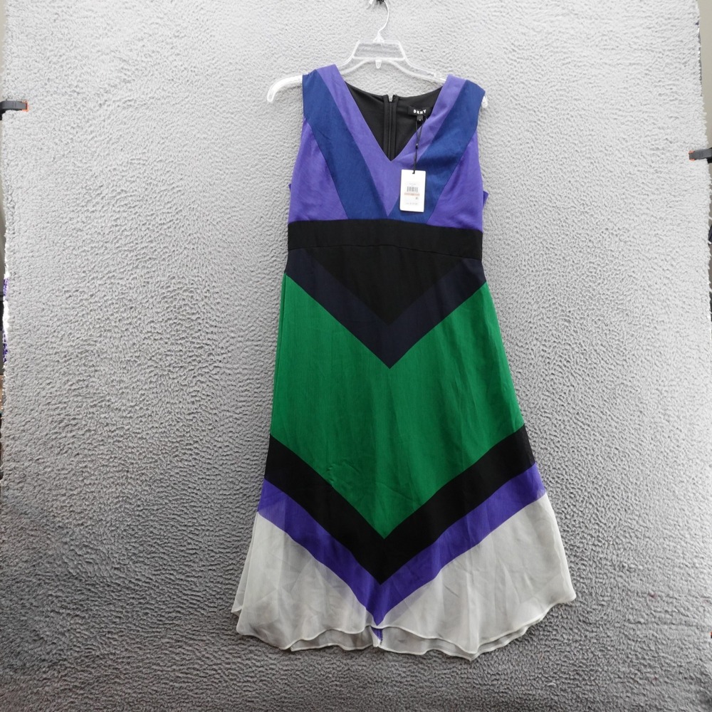 DKNY‎ Chiffon Midi Dress Size 12 Green Purple Colorblock Womens Sleeveless NWT